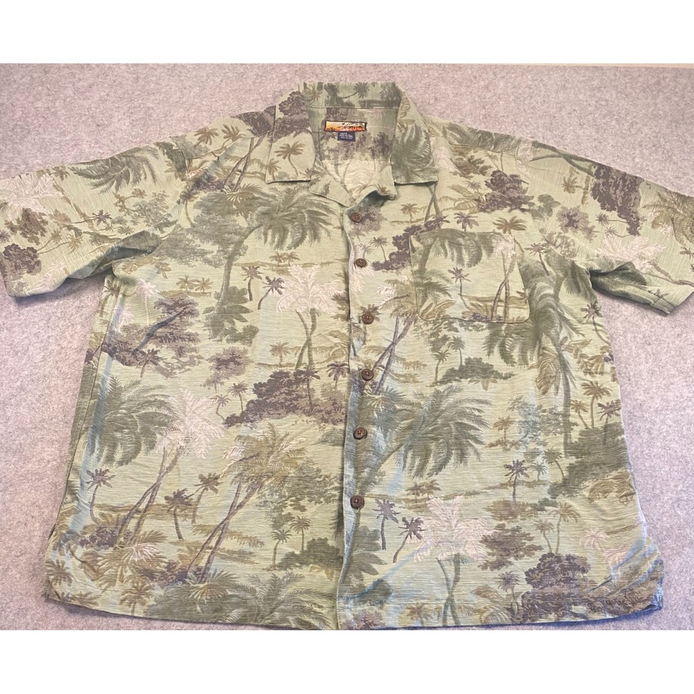 Havana Jacks Mens XL Silk Tropical Palm Tree Hawaiian Camp Shirt Sage Green